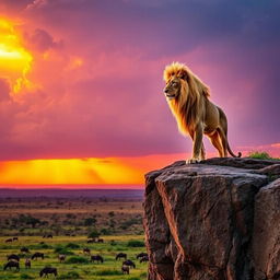 A majestic lion standing atop a rocky cliff, with a powerful sunset casting shades of orange and purple across the sky