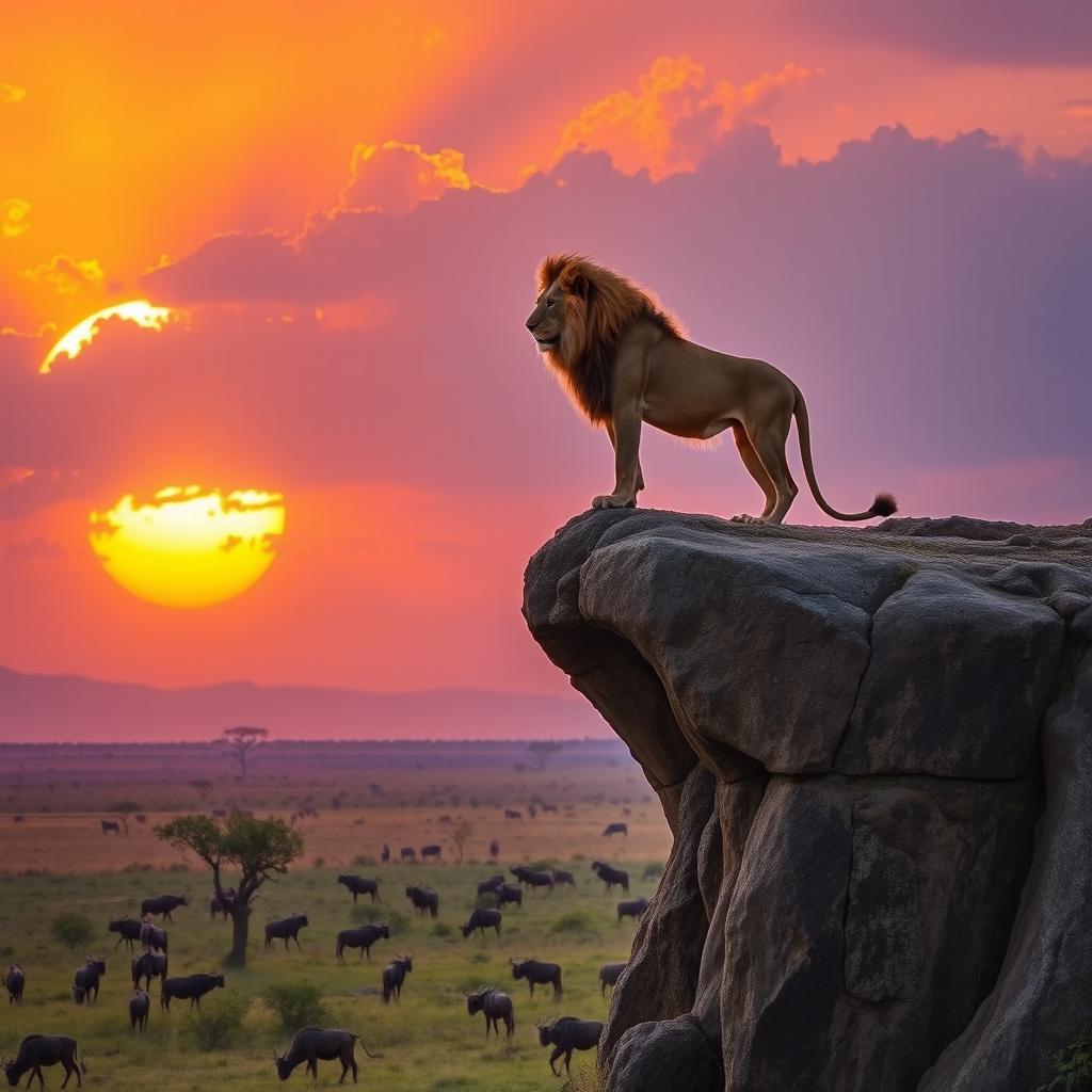 A majestic lion standing atop a rocky cliff, with a powerful sunset casting shades of orange and purple across the sky