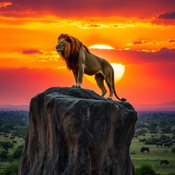 A majestic lion standing atop a rocky cliff, with a powerful sunset casting shades of orange and purple across the sky