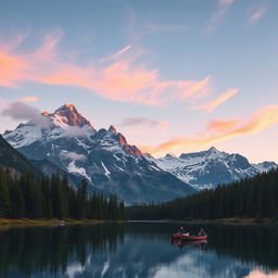 A serene mountain landscape at dusk, showcasing a breathtaking view of towering snow-capped peaks reflecting the soft hues of the setting sun