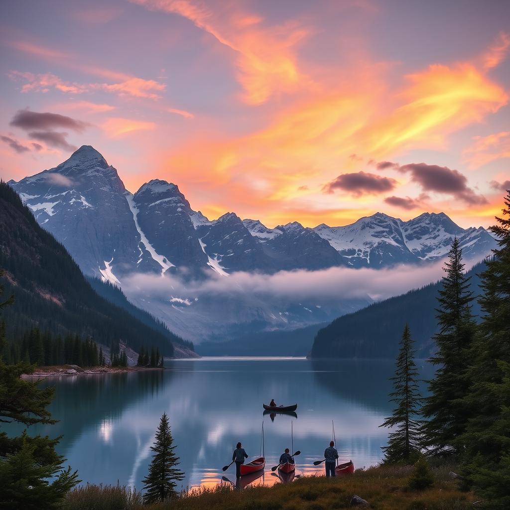 A serene mountain landscape at dusk, showcasing a breathtaking view of towering snow-capped peaks reflecting the soft hues of the setting sun