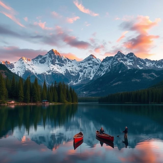 A serene mountain landscape at dusk, showcasing a breathtaking view of towering snow-capped peaks reflecting the soft hues of the setting sun