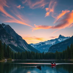 A serene mountain landscape at dusk, showcasing a breathtaking view of towering snow-capped peaks reflecting the soft hues of the setting sun