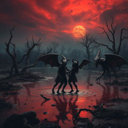 A dramatic and eerie landscape depicting a once idyllic medieval lake now transformed into a haunting scene