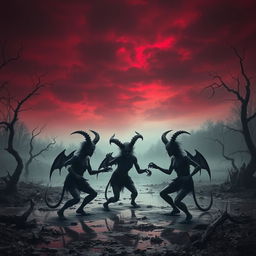 A dramatic and eerie landscape depicting a once idyllic medieval lake now transformed into a haunting scene