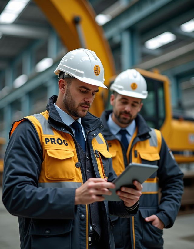 A professional man dressed in a suit and tie wearing a golden and black work vest labeled 'PROG' in white letters, featuring a cocker spaniel logo, and a white helmet, focused on using a tablet