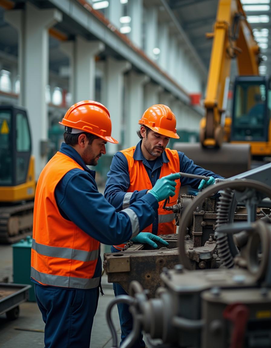 Two workers in work suits diligently repairing a machine inside a factory dedicated to the production of construction machinery