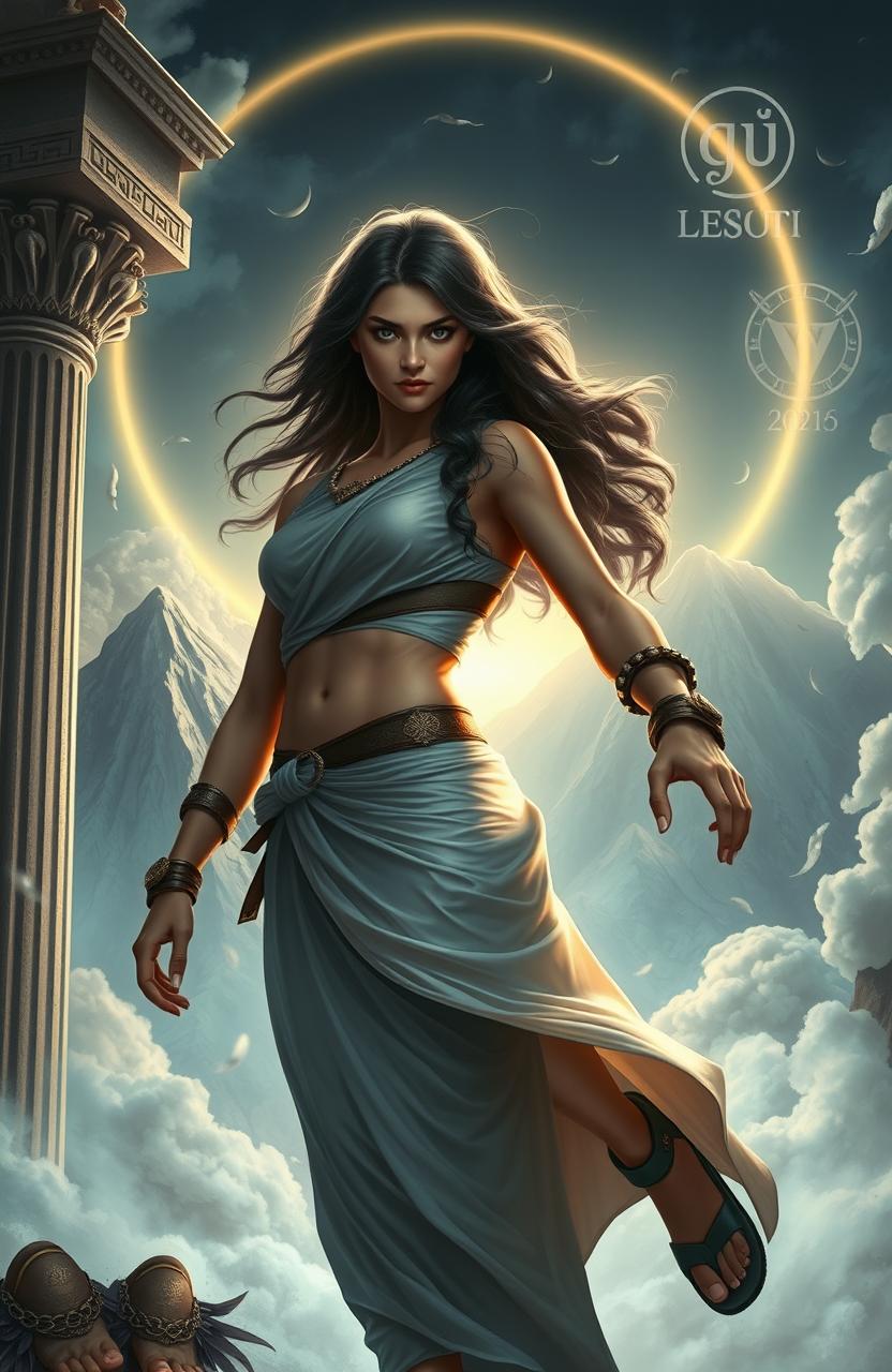 A stunning and mystical portrayal of a young woman named Alkmini, stepping boldly out of the shadow of Aurora, against a background of Mount Olympus