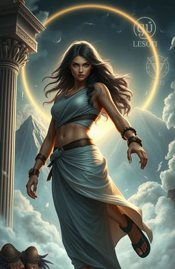 A stunning and mystical portrayal of a young woman named Alkmini, stepping boldly out of the shadow of Aurora, against a background of Mount Olympus