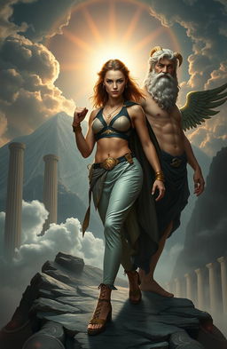 A stunning and mystical portrayal of a young woman named Alkmini, stepping boldly out of the shadow of Aurora, against a background of Mount Olympus