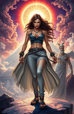 A stunning and mystical portrayal of a young woman named Alkmini, stepping boldly out of the shadow of Aurora, against a background of Mount Olympus