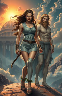 A stunning and mystical portrayal of a young woman named Alkmini, stepping boldly out of the shadow of Aurora, against a background of Mount Olympus