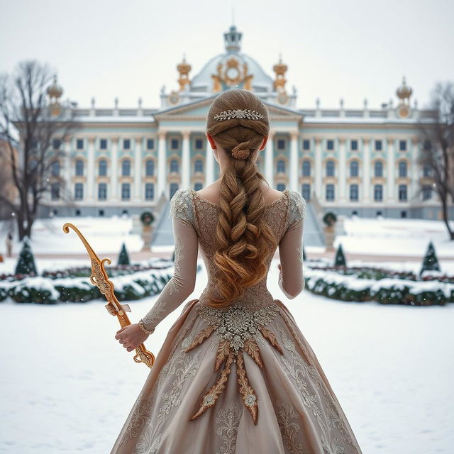 A majestic princess viewed from behind, gracefully standing in front of the Winter Palace, holding a beautifully adorned bow in her hand