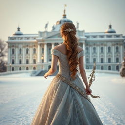 A majestic princess viewed from behind, gracefully standing in front of the Winter Palace, holding a beautifully adorned bow in her hand