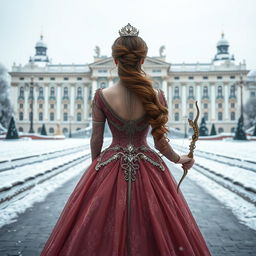 A majestic princess viewed from behind, gracefully standing in front of the Winter Palace, holding a beautifully adorned bow in her hand