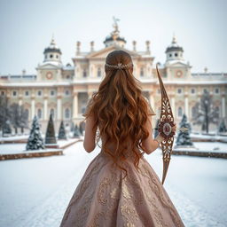 A majestic princess viewed from behind, gracefully standing in front of the Winter Palace, holding a beautifully adorned bow in her hand
