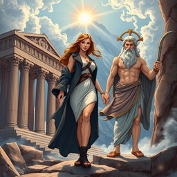 A captivating and enchanting illustration of a young woman named Alkmini, stepping confidently out of the shadow of Aurora, against a backdrop of Mount Olympus