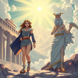 A captivating and enchanting illustration of a young woman named Alkmini, stepping confidently out of the shadow of Aurora, against a backdrop of Mount Olympus