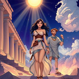 A captivating and enchanting illustration of a young woman named Alkmini, stepping confidently out of the shadow of Aurora, against a backdrop of Mount Olympus