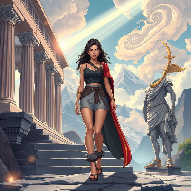 A captivating and enchanting illustration of a young woman named Alkmini, stepping confidently out of the shadow of Aurora, against a backdrop of Mount Olympus