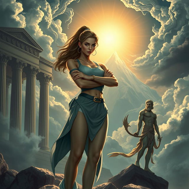 A stunning and mystical portrayal of a young woman named Alkmini, standing with her arms crossed confidently, stepping boldly out of the shadow of Aurora, against a backdrop of Mount Olympus