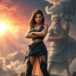 A stunning and mystical portrayal of a young woman named Alkmini, standing with her arms crossed confidently, stepping boldly out of the shadow of Aurora, against a backdrop of Mount Olympus