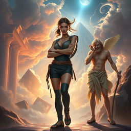 A stunning and mystical portrayal of a young woman named Alkmini, standing with her arms crossed confidently, stepping boldly out of the shadow of Aurora, against a backdrop of Mount Olympus