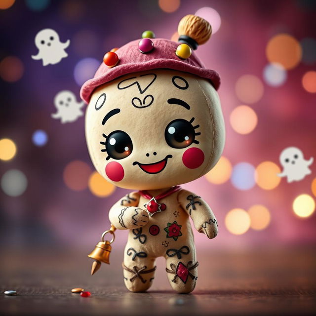 A cute and whimsical chibi-style voodoo doll standing cheerfully, decorated with colorful pins and stitched patterns