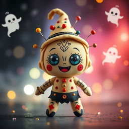 A cute and whimsical chibi-style voodoo doll standing cheerfully, decorated with colorful pins and stitched patterns