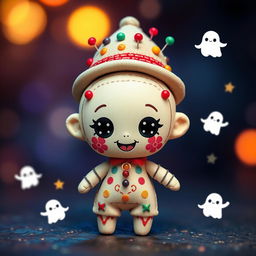 A cute and whimsical chibi-style voodoo doll standing cheerfully, decorated with colorful pins and stitched patterns