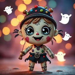 A cute and whimsical chibi-style voodoo doll standing cheerfully, decorated with colorful pins and stitched patterns