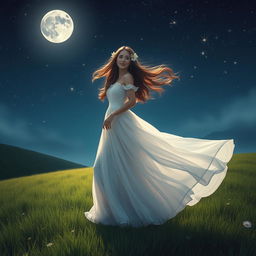 A beautiful woman standing gracefully on a lush green meadow, wearing an elegant flowing dress that dances with the wind