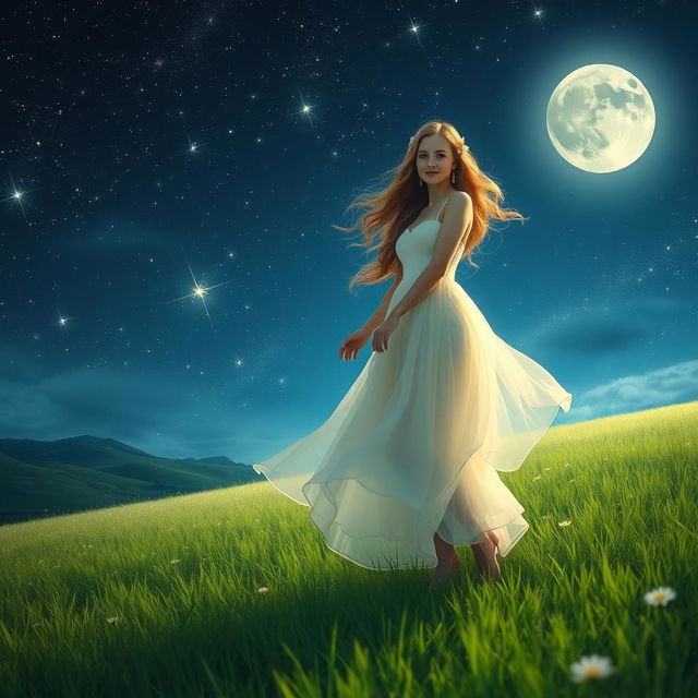 A beautiful woman standing gracefully on a lush green meadow, wearing an elegant flowing dress that dances with the wind