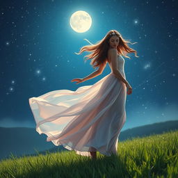 A beautiful woman standing gracefully on a lush green meadow, wearing an elegant flowing dress that dances with the wind