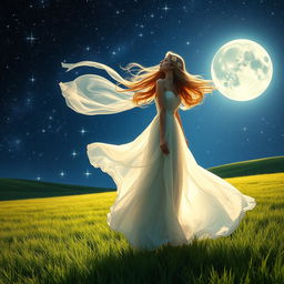 A beautiful woman standing gracefully on a lush green meadow, wearing an elegant flowing dress that dances with the wind