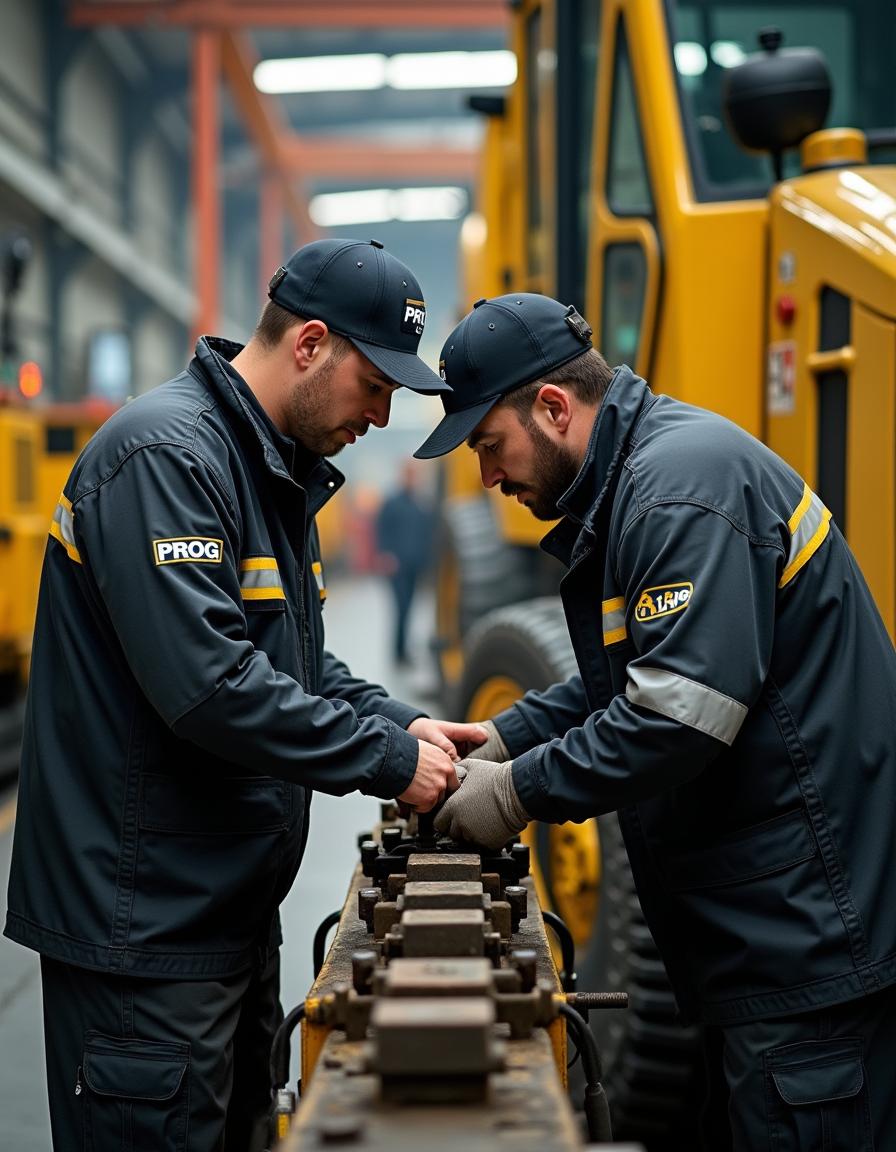 Two workers dressed in black and gold work uniforms with 'PROG' emblazoned on them, actively repairing a machine inside a factory that produces construction machinery