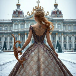A stunning princess viewed from behind, elegantly standing in front of the Winter Palace, with a beautifully crafted bow in her hand