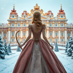 A stunning princess viewed from behind, elegantly standing in front of the Winter Palace, with a beautifully crafted bow in her hand