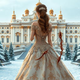A stunning princess viewed from behind, elegantly standing in front of the Winter Palace, with a beautifully crafted bow in her hand