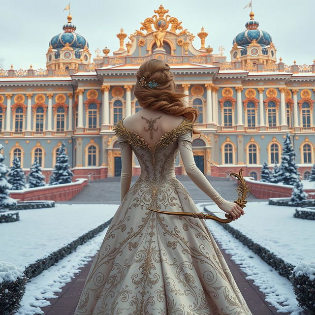 A stunning princess viewed from behind, elegantly standing in front of the Winter Palace, with a beautifully crafted bow in her hand