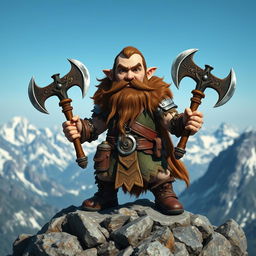 A small dwarf warrior standing proudly on a mountain peak, wielding two dragon-slaying axes