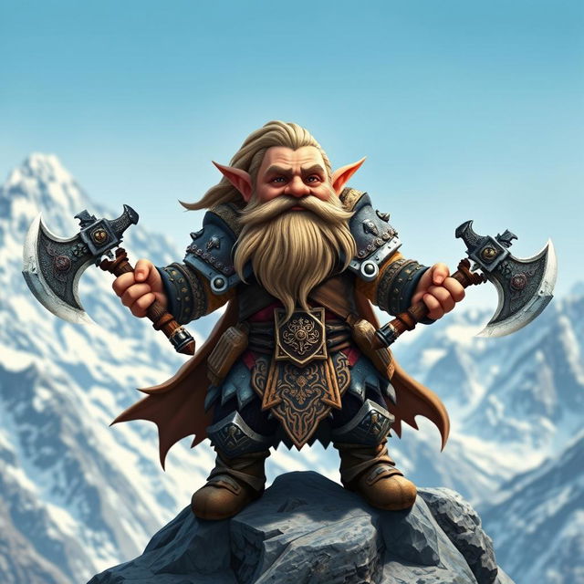 A small dwarf warrior standing proudly on a mountain peak, wielding two dragon-slaying axes