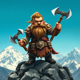 A small dwarf warrior standing proudly on a mountain peak, wielding two dragon-slaying axes