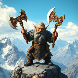 A small dwarf warrior standing proudly on a mountain peak, wielding two dragon-slaying axes