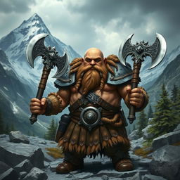 A sturdy mountain dwarf warrior, showcasing an impressive build, stands confidently in a rugged mountainous terrain