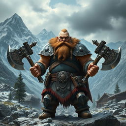 A sturdy mountain dwarf warrior, showcasing an impressive build, stands confidently in a rugged mountainous terrain