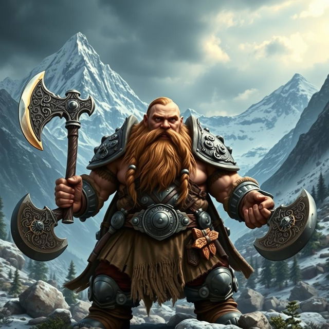 A sturdy mountain dwarf warrior, showcasing an impressive build, stands confidently in a rugged mountainous terrain