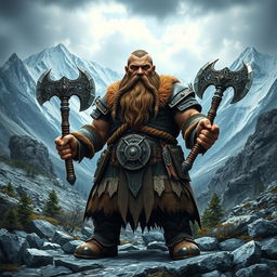 A sturdy mountain dwarf warrior, showcasing an impressive build, stands confidently in a rugged mountainous terrain