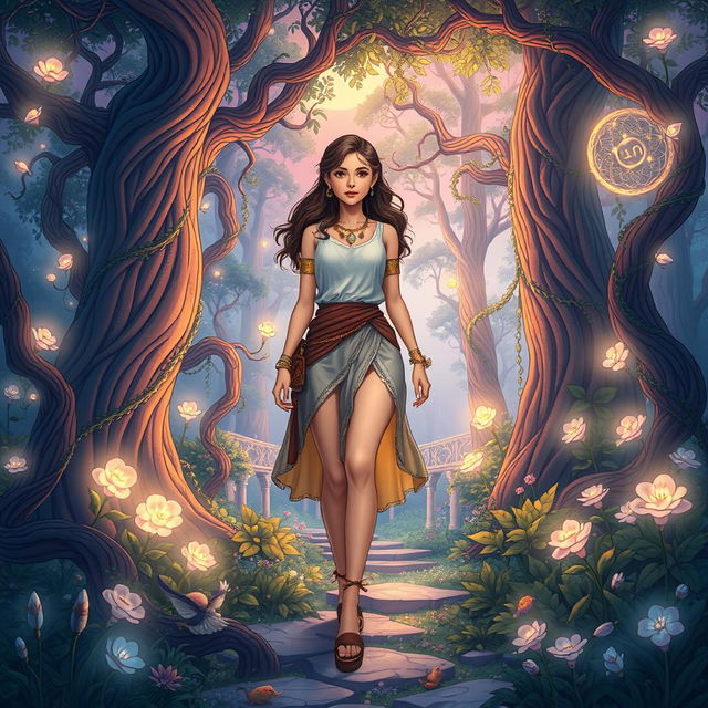 A captivating and enchanting illustration of a young woman named Alkmini, stepping confidently amidst a breathtaking enchanted forest, where ancient trees curl with luminescent vines and delicate flowers glow softly in the twilight