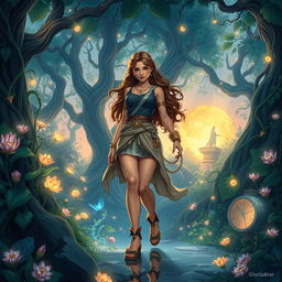 A captivating and enchanting illustration of a young woman named Alkmini, stepping confidently amidst a breathtaking enchanted forest, where ancient trees curl with luminescent vines and delicate flowers glow softly in the twilight